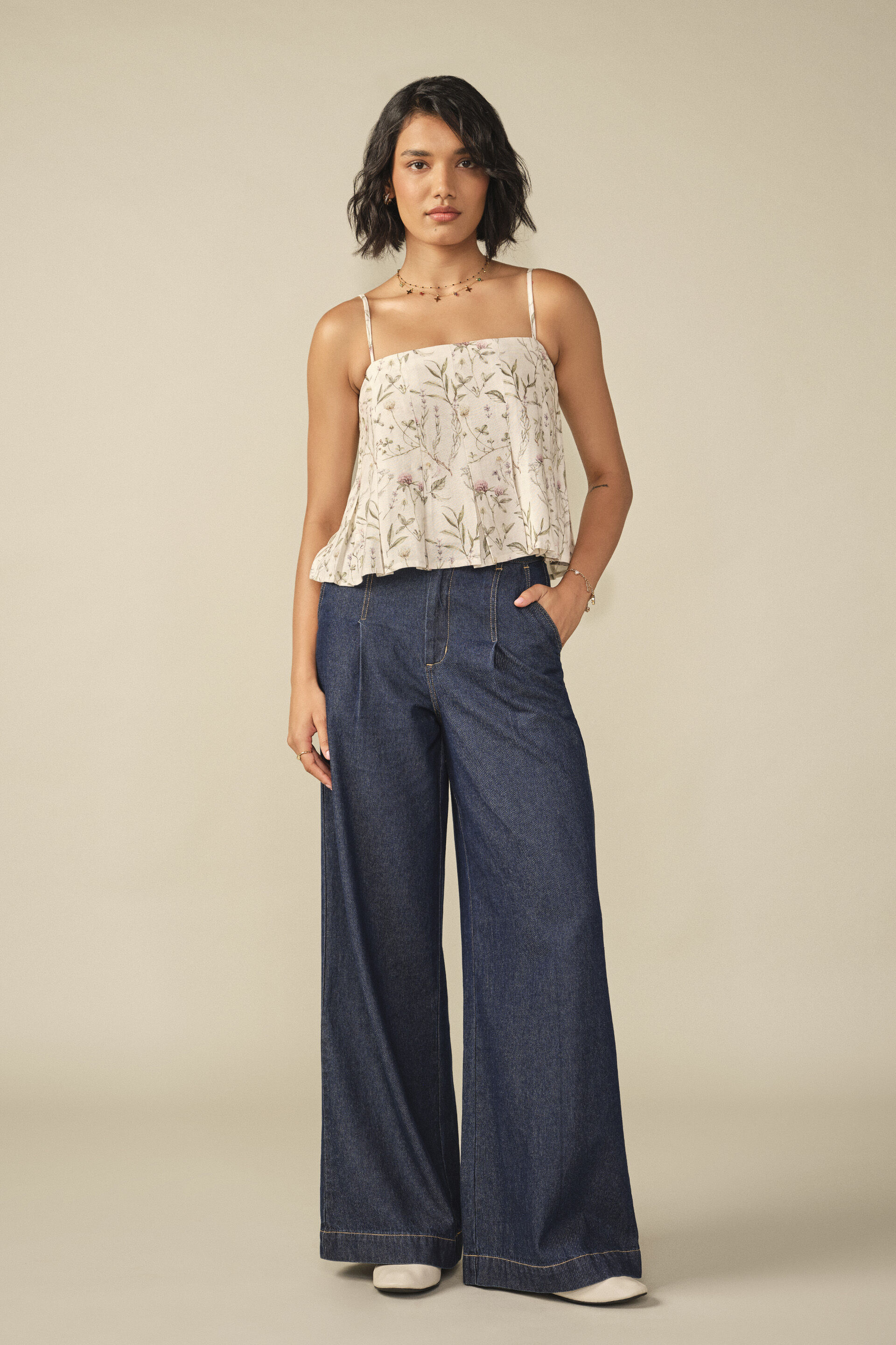Printed Floral Crop Top in White, White, image 4